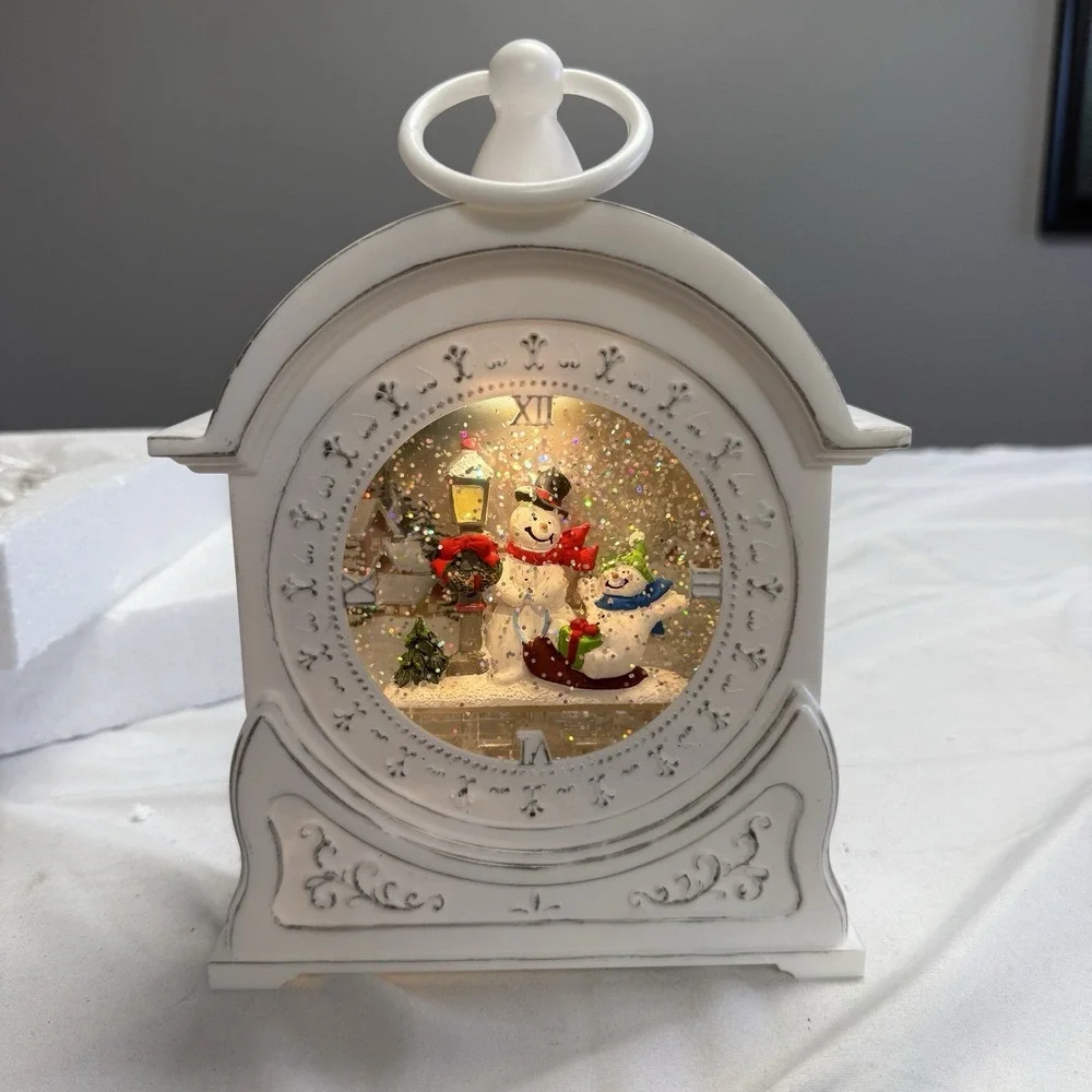 Gerson Christmas Snow Globe Water Lantern Lighted White Clock Snowman 9